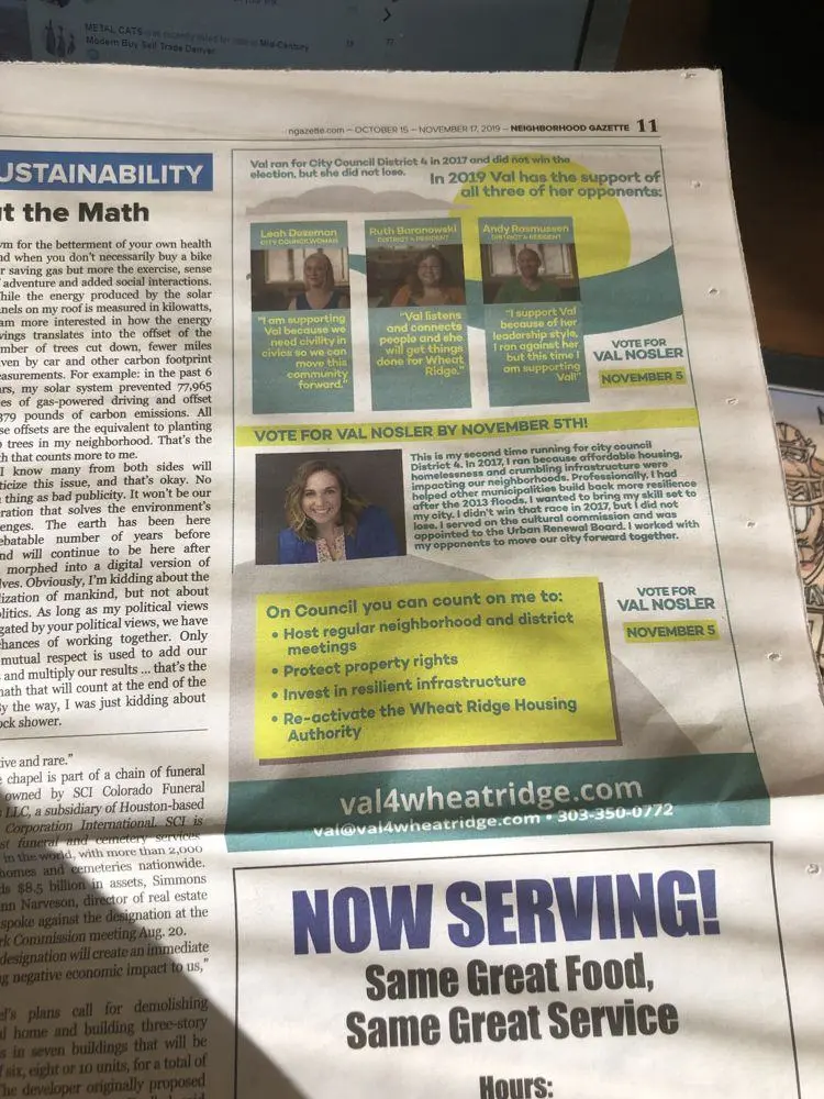 Val's 2019 city council ad in the Neighborhood Gazette, endorsed by all three former opponents